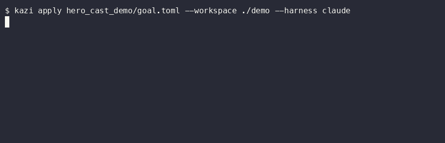 A real kazi apply run: kazi.loop reports iter=1 failing=[tests-pass], then iter=2 failing=[], then CONVERGED — every predicate is satisfied (predicate vector: [pass] tests-pass).